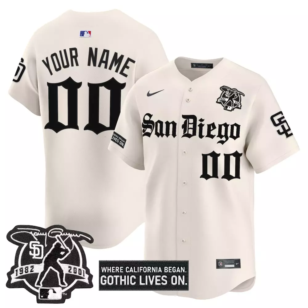 Custom San Diego Padres Jersey Cream Gothic 1982-2001 Black Vapor Stitched Embroidered