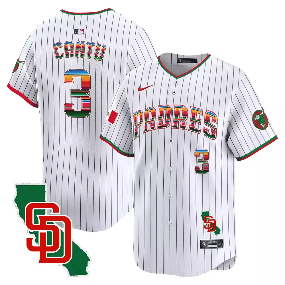 Jorge Cantu 3 Padres Jersey White City Connect Mexico Flag California State Outline