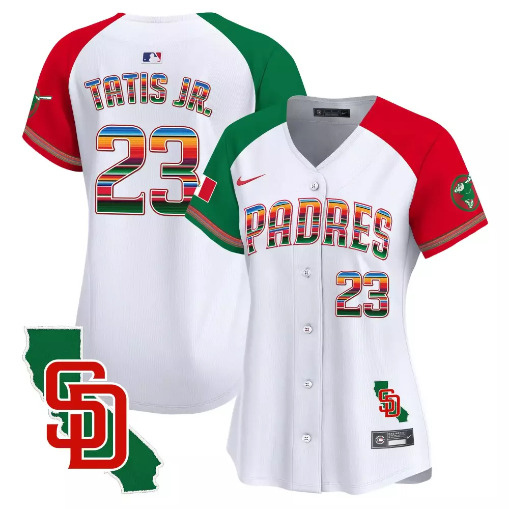 Fernando Tatis 23 Padres Jersey White City Connect Men Split Design Green Red Multi-color Stripes