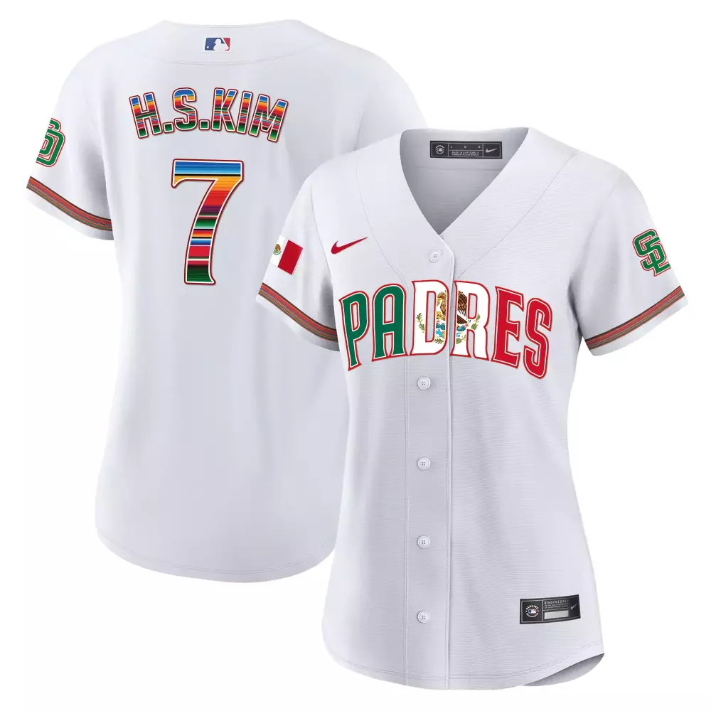 H Kim 7 Padres Jersey White Mexican Flag Women Split Design Green Red Cool Base Limited