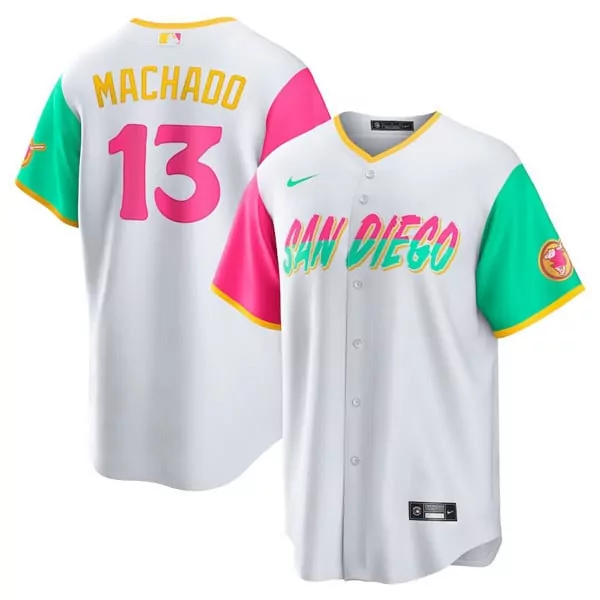 Manny Machado 13 San Diego Padres Jersey White City Connect Men Split Design Pink