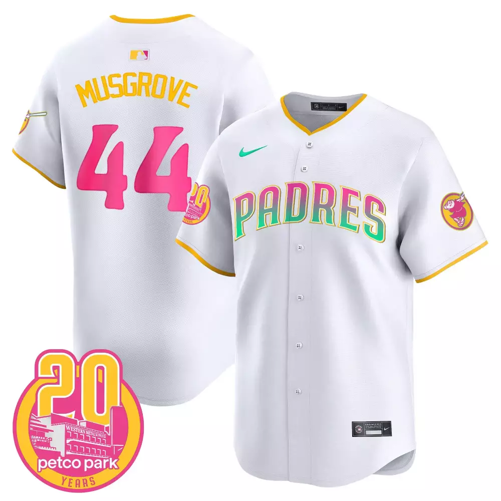 Joe Musgrove 44 Padres Jersey White 20 Years Petco Park Men Split Yellow Pink Green