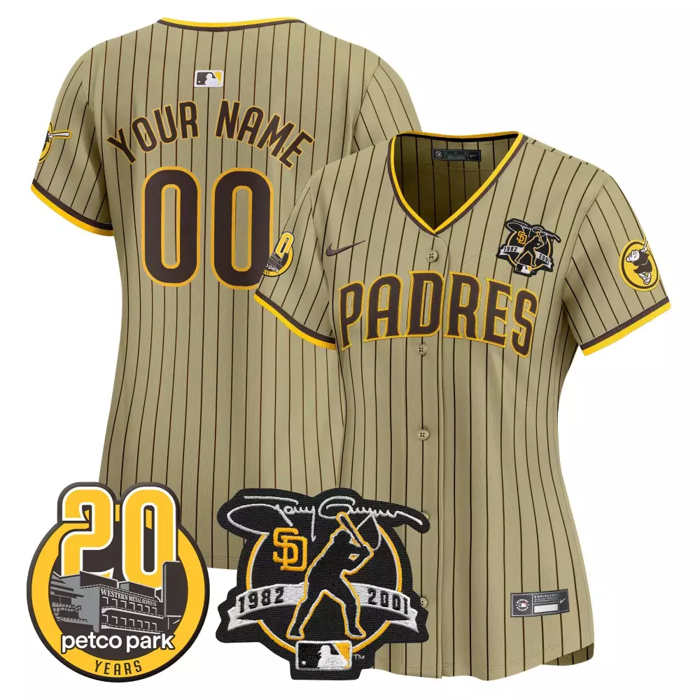 Custom Padres Jersey Tan 20th Anniversary Petco Park 20 Years Tony Gwynn 1982-2001