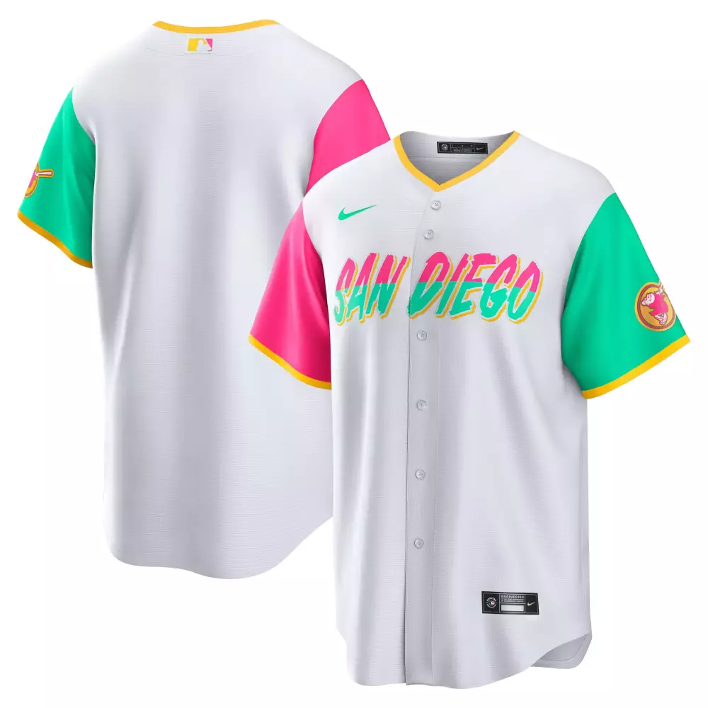 San Diego Padres Jersey White City Connect Men Split Design Pink Teal Yellow All
