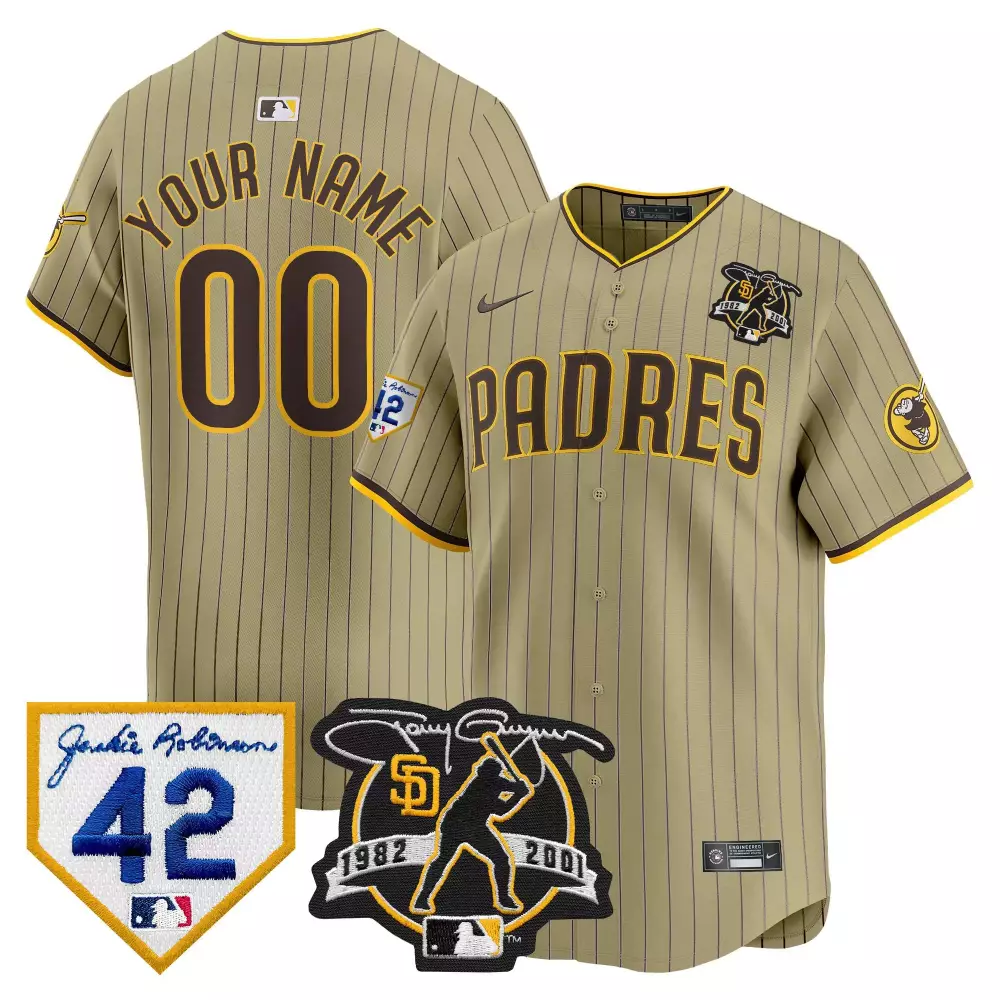 Custom San Diego Padres Jersey Tan Tony Gwynn 1982-2001 Jackie Robinson 42 Men Brown