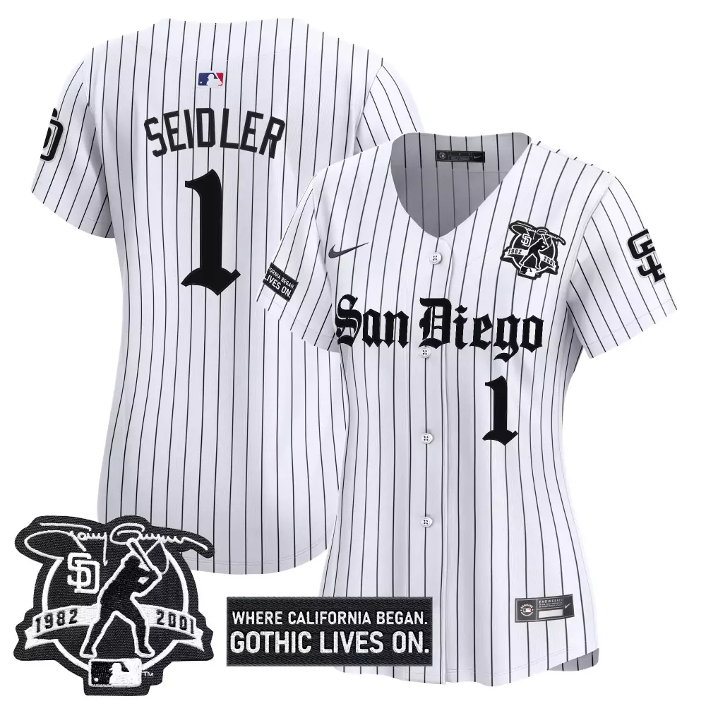 Seidler Gothic 1 San Diego Padres Jersey White 1982-2001 2023 Women MLB Black Vapor