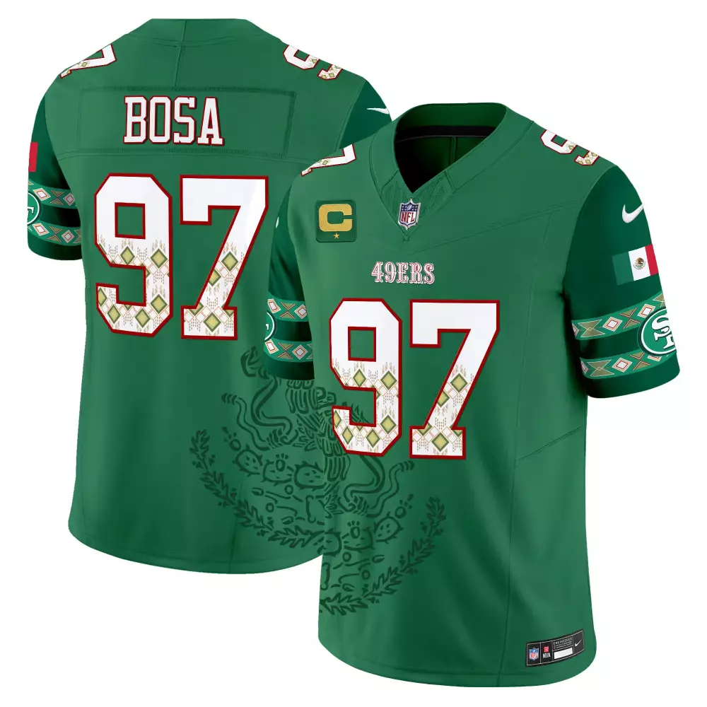 Nick Bosa 97 49ERS Jersey Green Mexico City Flag Men Alternate Custom Design White