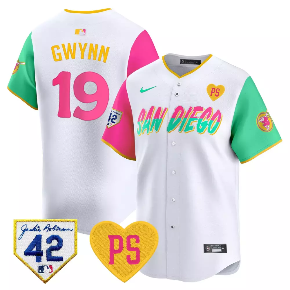 Tony Gwynn 19 San Diego Padres Jersey White City Connect Jackie Robinson 42 Ps Heart