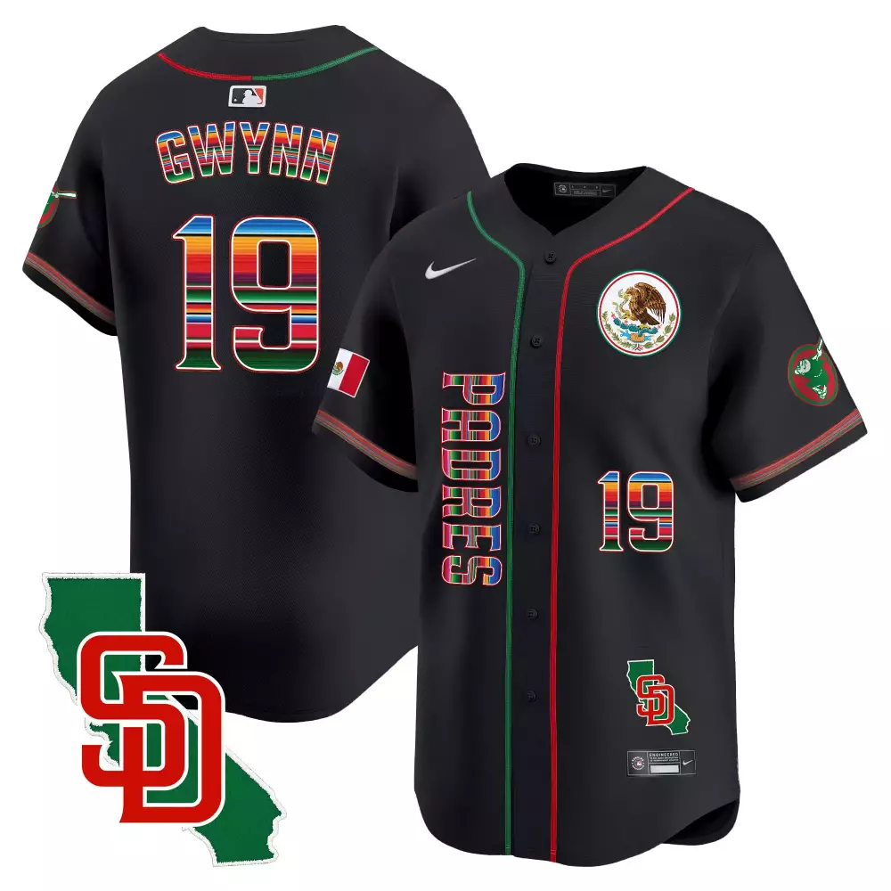Tony Gwynn 19 San Diego Padres Jersey Black Mexico Day Of The Dead Flag Mexican National Emblem