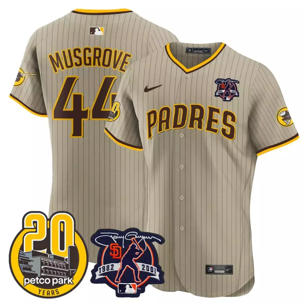 Joe Musgrove 44 Padres Jersey Tan 20 Years Petco Park Tony Gwynn 1982-2001 Men Yellow