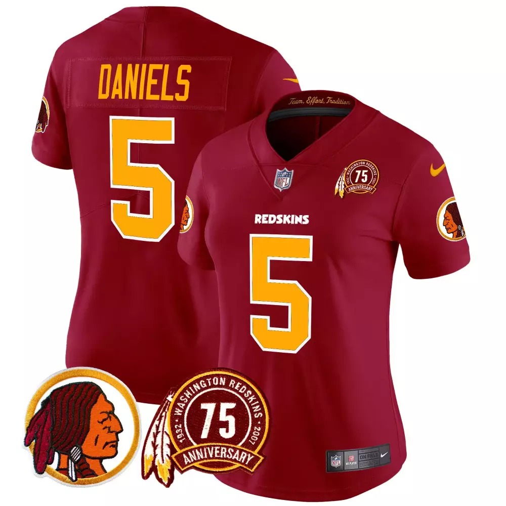Jayden Daniels 5 Redskins Jersey Maroon 75th Anniversary Native American Profile