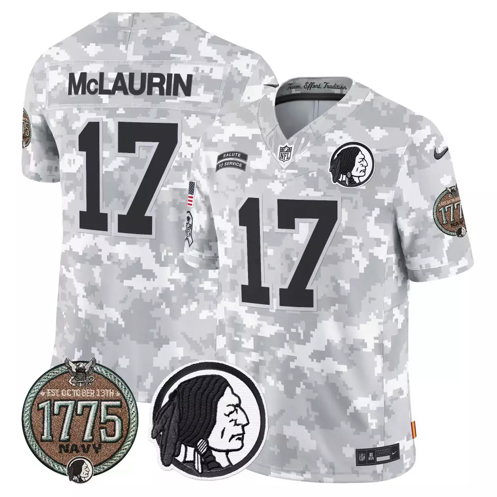 Terry Mclaurin 17 Jersey Grey Salute To Service Washington Commanders 1775 Navy Native American Profile