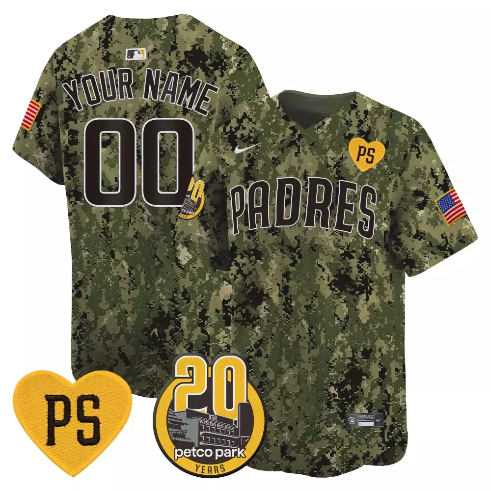 Custom San Diego Padres Jersey Green Military Camouflage Petco Park 20 Years Ps Heart