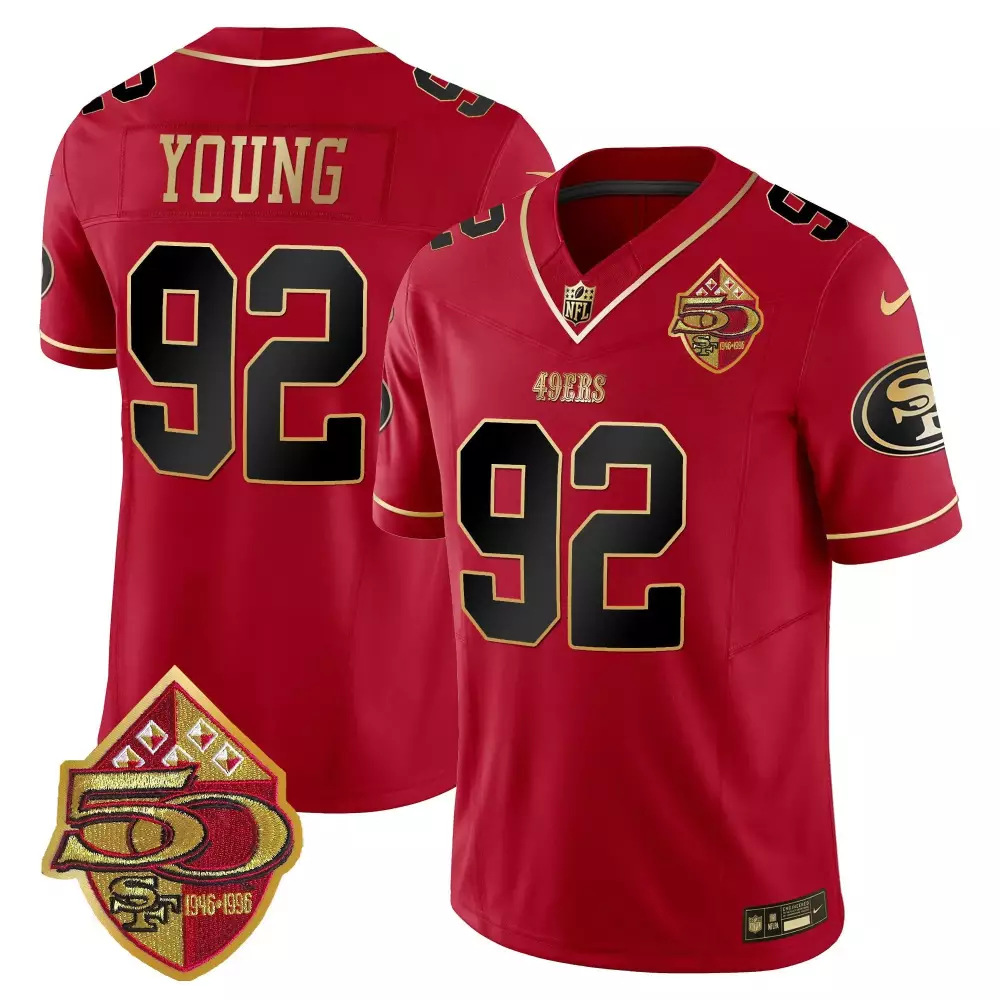 Young 92 49ERS Jersey Red 50th Anniversary 1946-1996 Men Gold Black Limited All Vapor