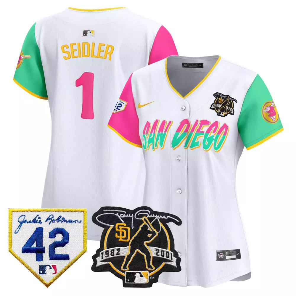 Peter Seidler 1 San Diego Padres Jersey White City Connect Jackie Robinson 42 Tony Gwynn 1982-2001 2023