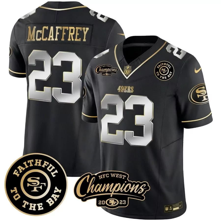 Christian Mccaffrey 23 49ERS Jersey Black NFC West Champions 2023 Faithful To Bay
