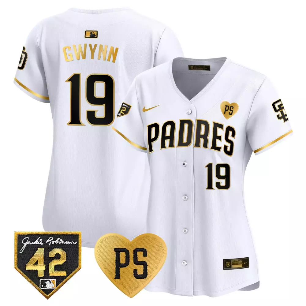 Tony Gwynn 19 Padres Jersey White Jackie Robinson Day 42 Ps Heart Women Gold Black