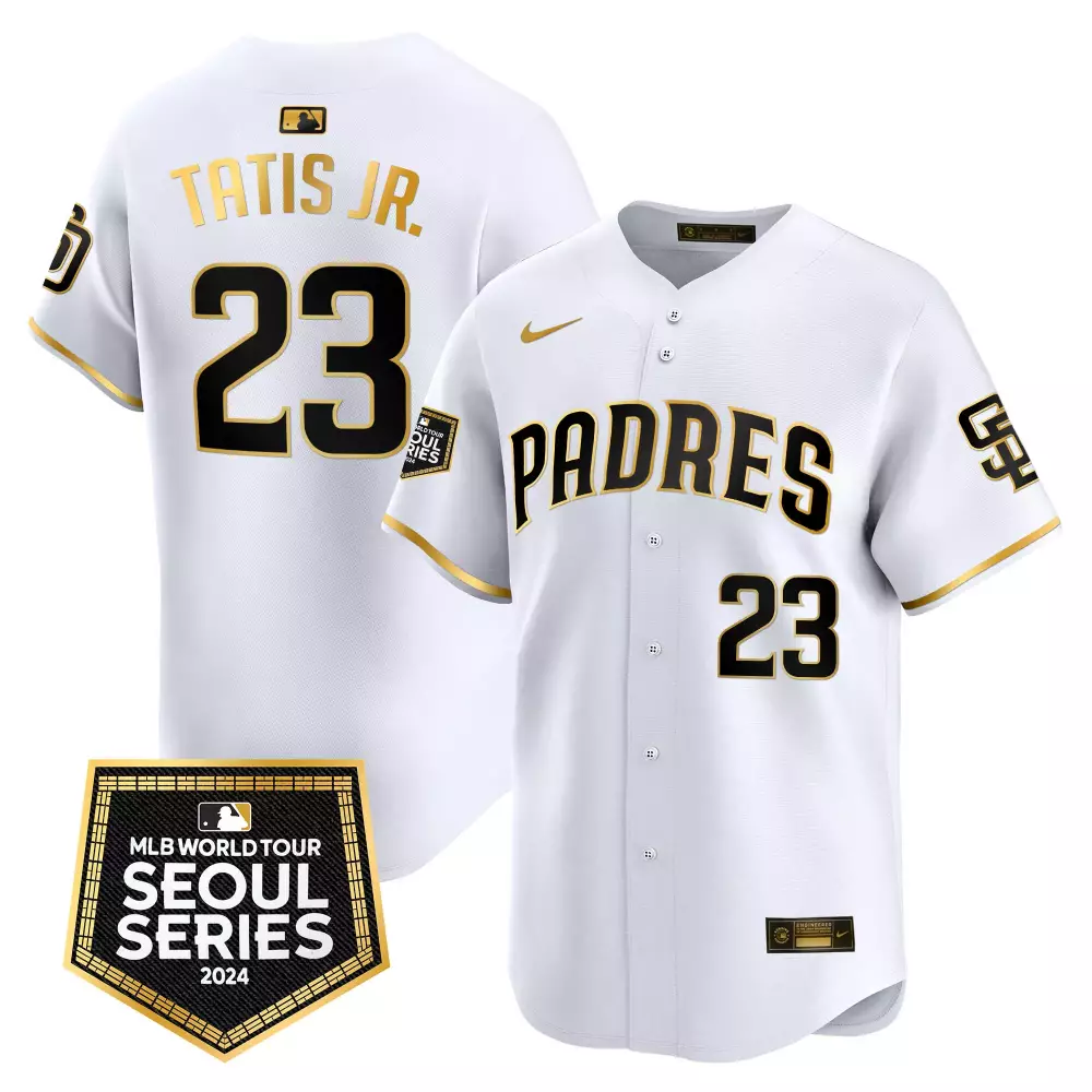 Fernando Tatis 23 Padres Jersey White Seoul Series 2024 Men Black Gold Vapor Premier