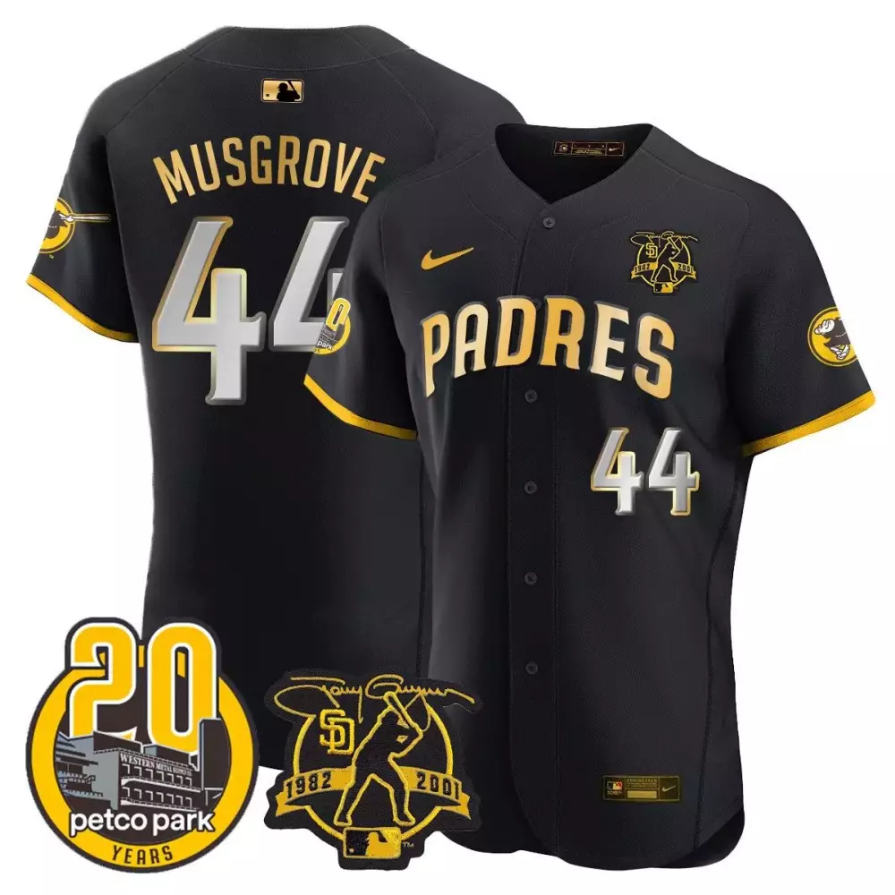 Joe Musgrove 44 Padres Jersey Black Petco Park 20 Years 1982-2001 Men Gold Silver