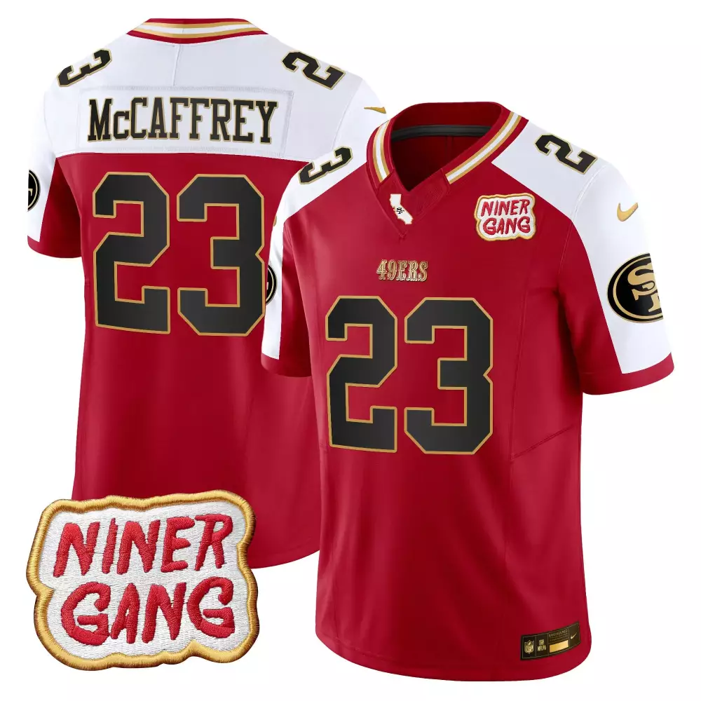 Christian Mccaffrey 23 49ERS Jersey Red Niner Gang Men White Gold Alternate Vapor