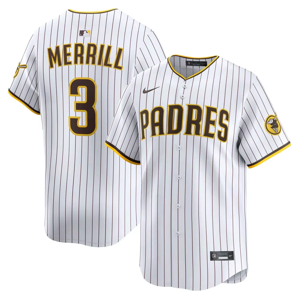 Jackson Merrill 3 Jersey White San Diego Padres Men Pinstripe Brown Yellow Home Limited