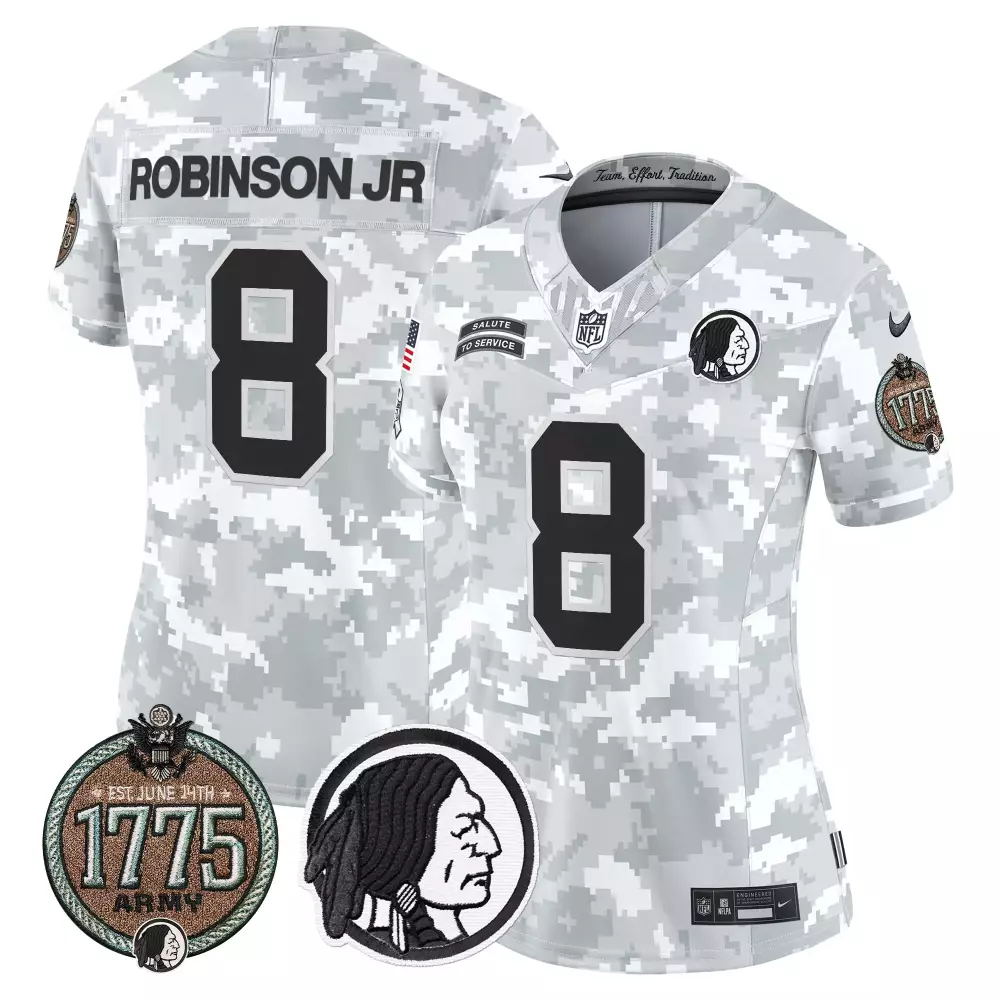 Robinson Jr. 8 Jersey White Salute To Service Washington Commanders 1775 Army Native American Profile