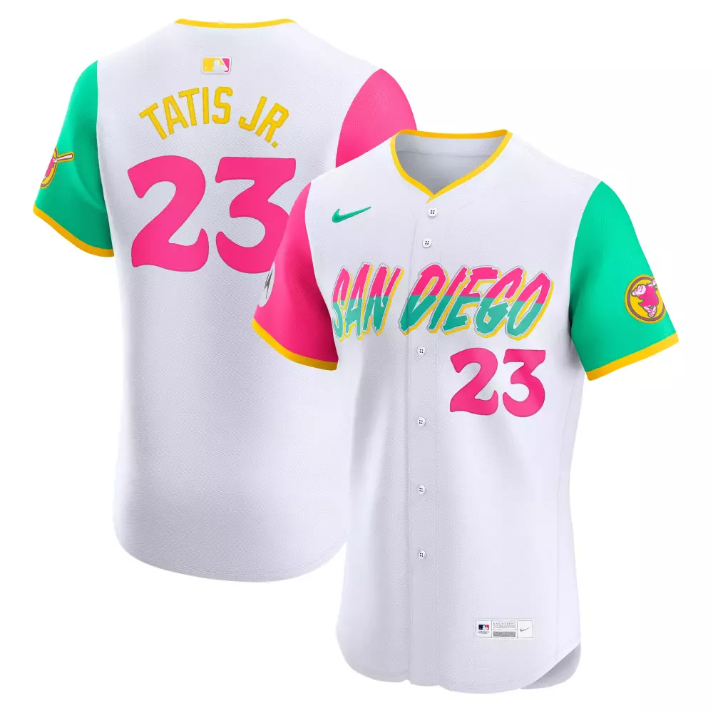 Fernando Tatis Jr. 23 Jersey White San Diego Padres Men Split Design Pink Teal Yellow