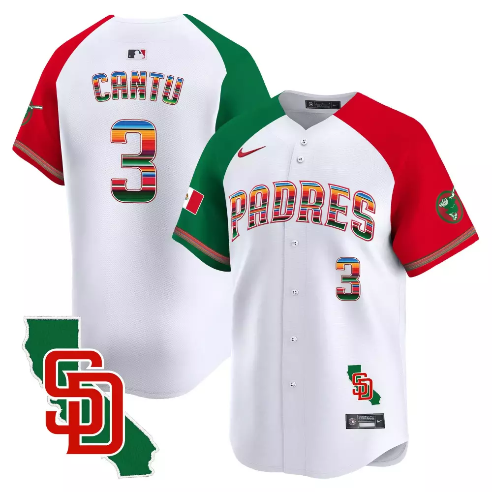 Jorge Cantu 3 Padres Jersey White Mexico Flag Men MLB Split Custom Design Green Red