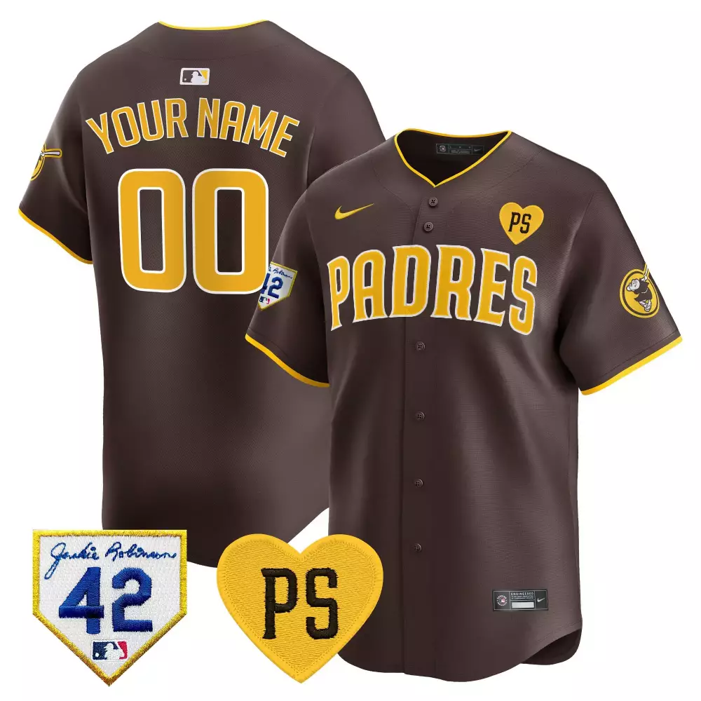 Custom Padres Jersey Brown Jackie Robinson 42 Ps Heart Men Yellow Vapor Premier Limited