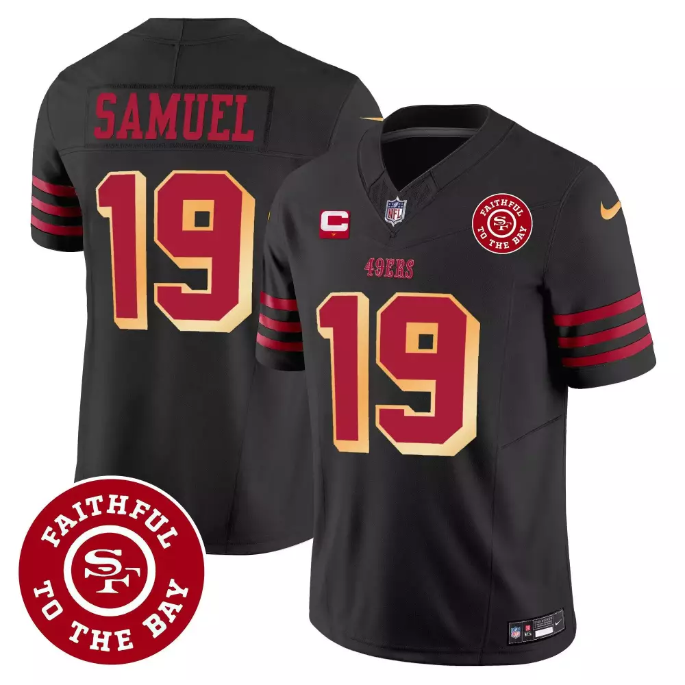 Deebo Samuel 19 49ERS Jersey Black Faithful To The Bay Men Player Red Gold All Vapor
