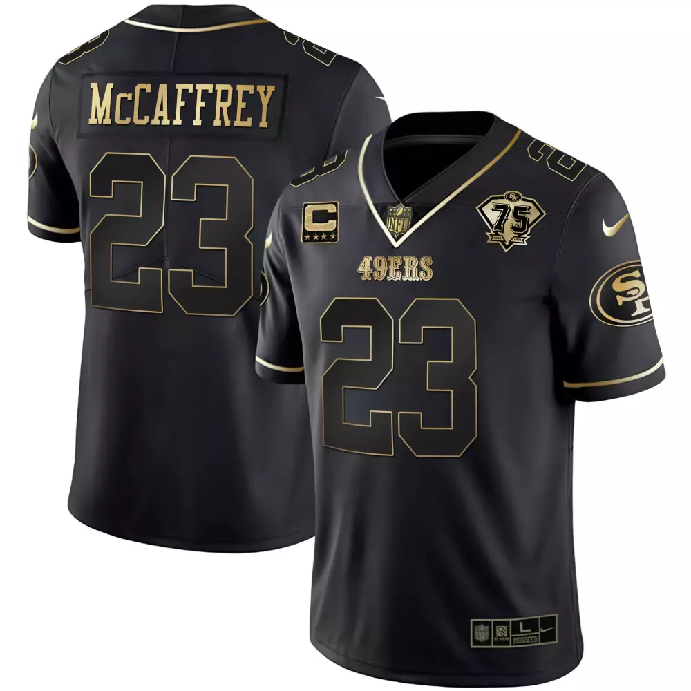 Christian Mccaffrey 23 49ERS Jersey Black 75th Anniversary Men Gold All Stitched
