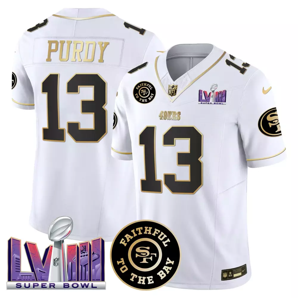 Brock Purdy 13 49ERS Jersey White Super Bowl Lviii Men Authentic Black Gold Vapor