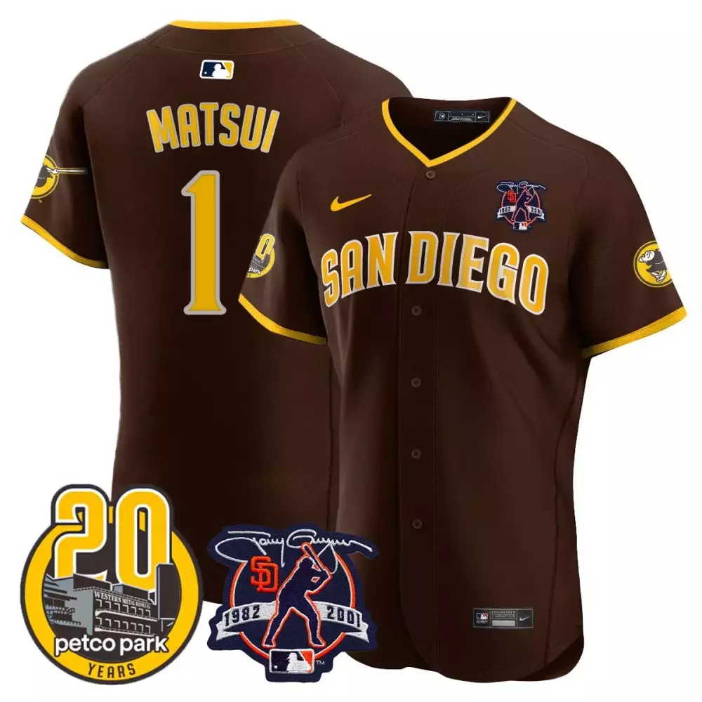 Yuki Matsui 1 San Diego Padres Jersey Brown Petco Park 20th Anniversary Tony Gwynn 1982-2001 20 Years 2001