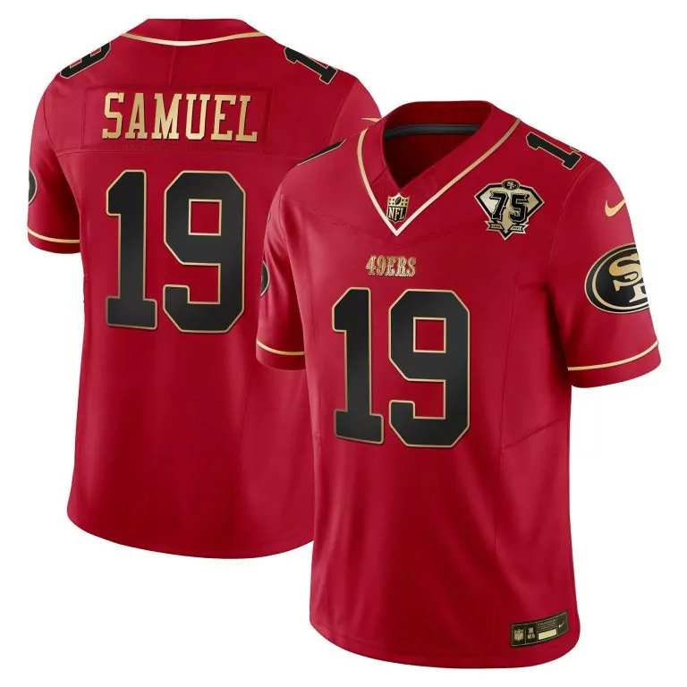 Deebo Samuel 19 49ERS Jersey Red 75TH Anniversary Men Black Gold Limited Throwback