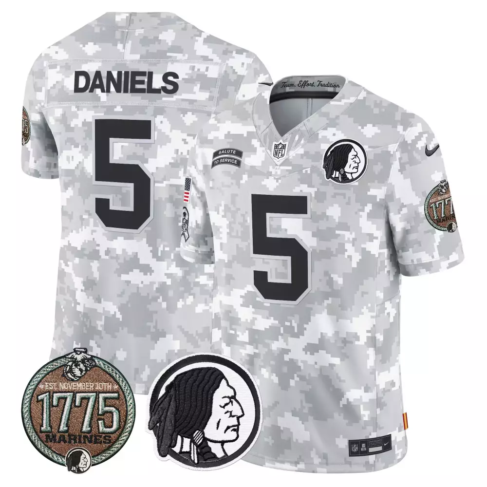 Jayden Daniels 5 Jersey White Salute To Service Washington Commanders 1775 Marines Native American Profile