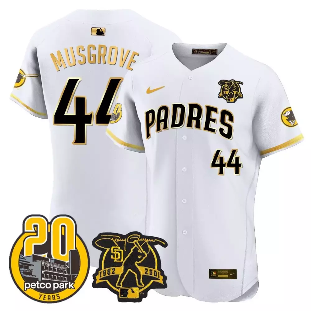 Joe Musgrove 44 Padres Jersey White Petco Park 20 Years 1982 2001 Men Gold Black