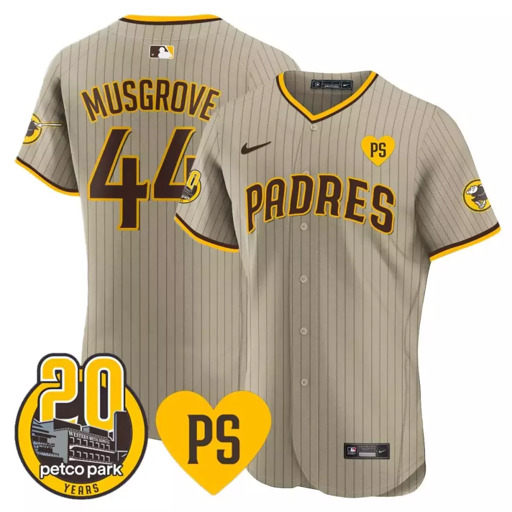 Joe Musgrove 44 Padres Jersey Tan Petco Park 20 Years 2023 Men Brown Yellow Vapor