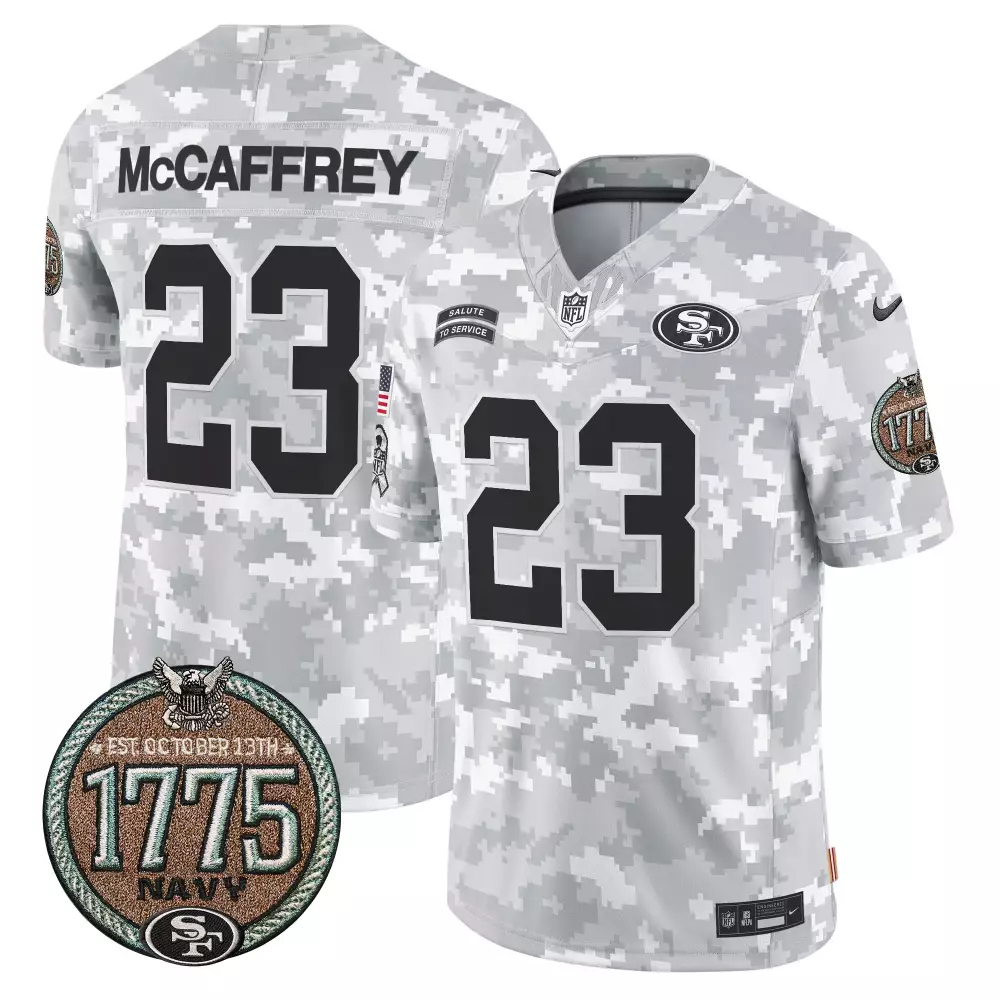 Christian Mccaffrey 23 49ers Jersey White Salute To Service Us Navy 1775 Men Digital Camouflage