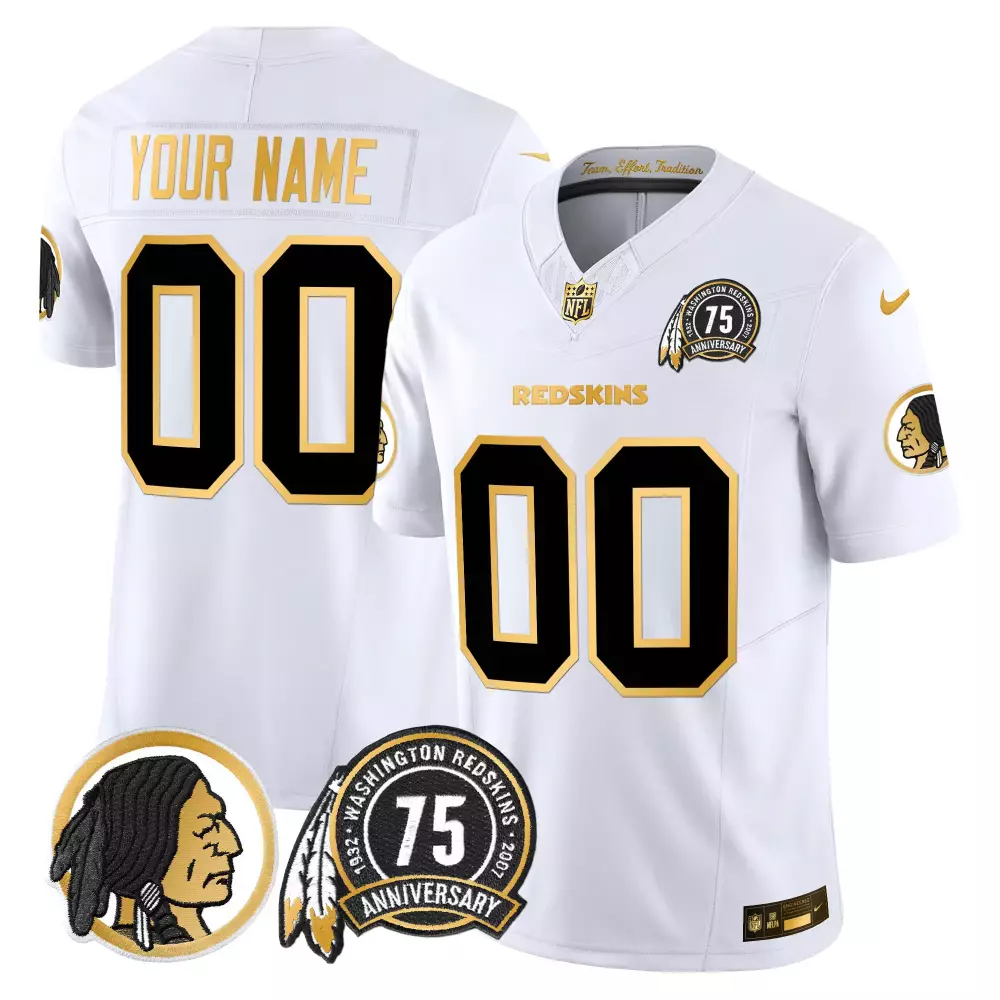 Custom Washington Redskins Jersey White 75th Anniversary Men Gold Black Throwback