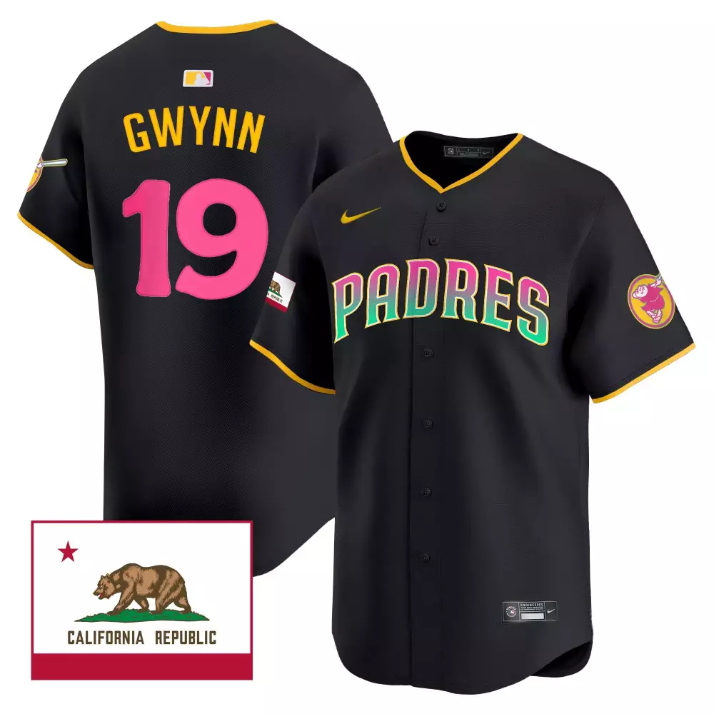 Tony Gwynn 19 Padres Jersey Black California Republic Alternate Yellow Pink Green