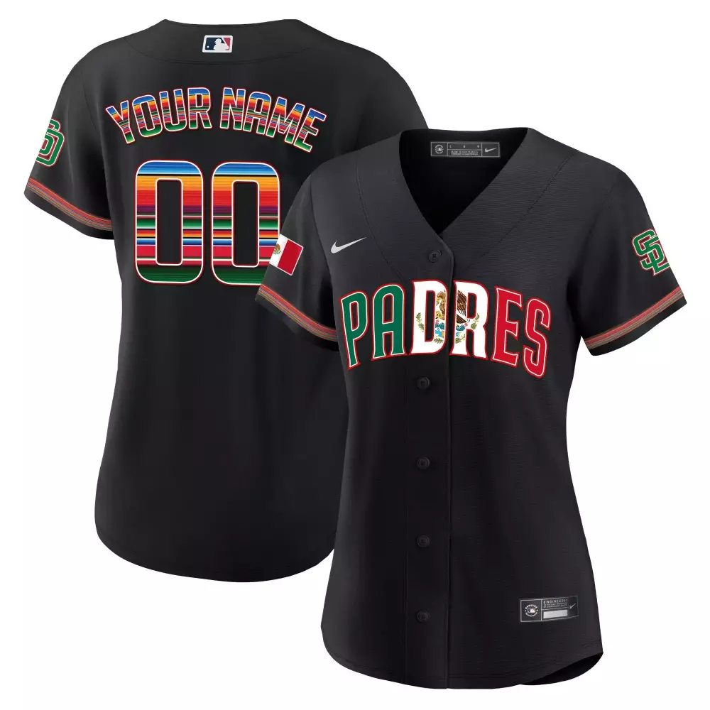 Custom Padres Jersey Black Mexico Flag Split Design Green White Red All Stitched