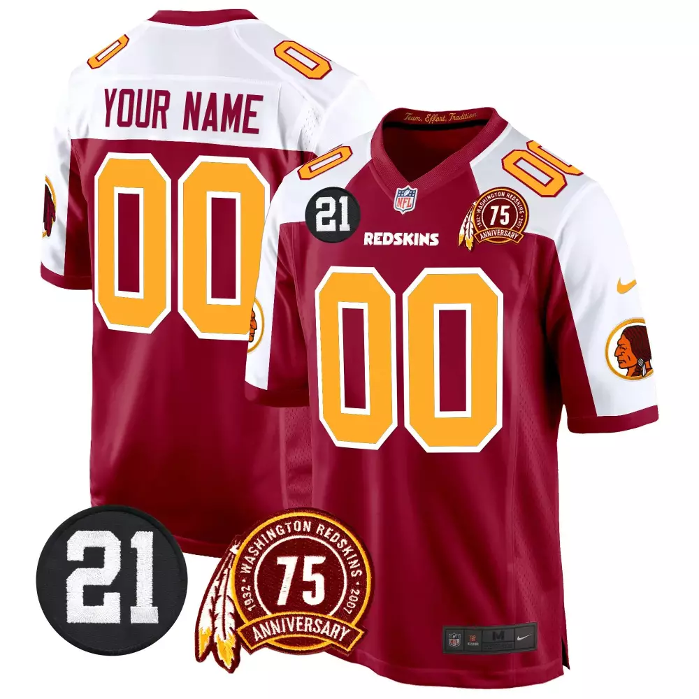 Custom Redskins Jersey Maroon 75th Anniversary Men White Gold Alternate Game All
