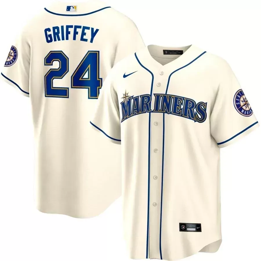 Ken Griffey 24 Seattle Mariners Jersey Cream Men Royal Blue Gold All Stitched