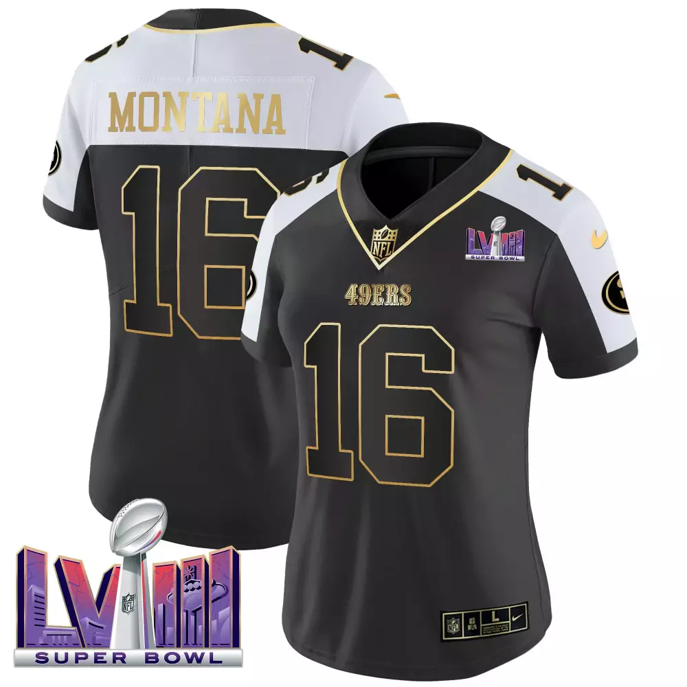 Joe Montana 16 49ERS Jersey Black Super Bowl Lviii Women Alternate Split Design White