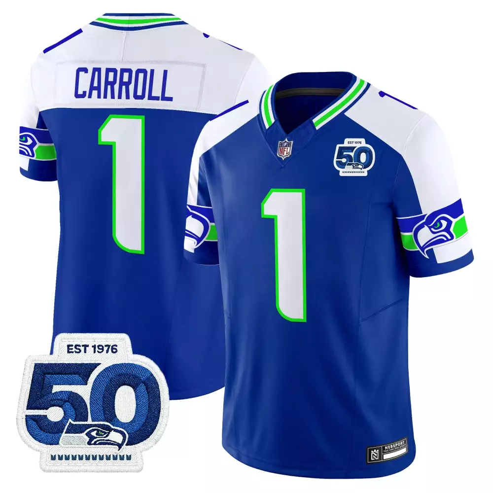 Pete Carroll 1 Seattle Seahawks Jersey Blue 50th Anniversary Men White Green Stitched