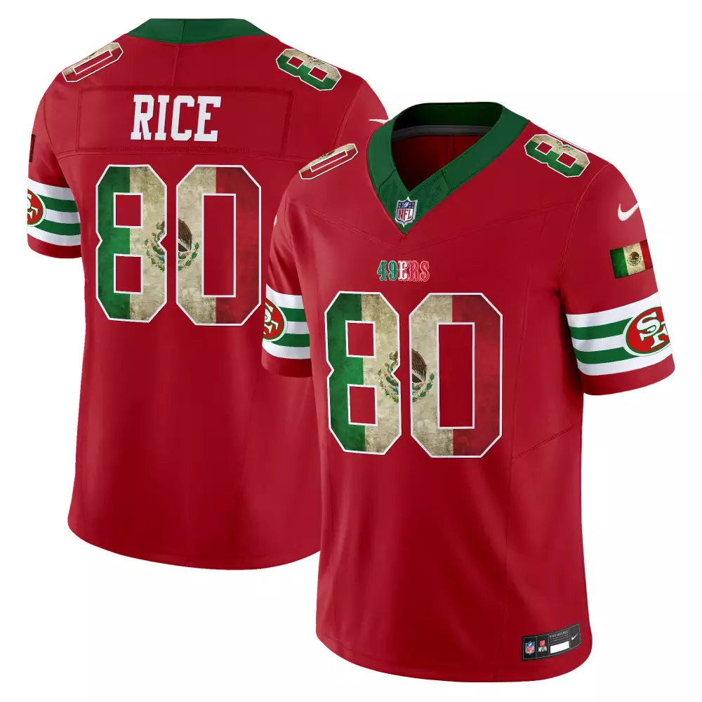 Jerry Rice 80 49ERS Jersey Red Mexico Celebration Flag 2023 Men Split Design Green