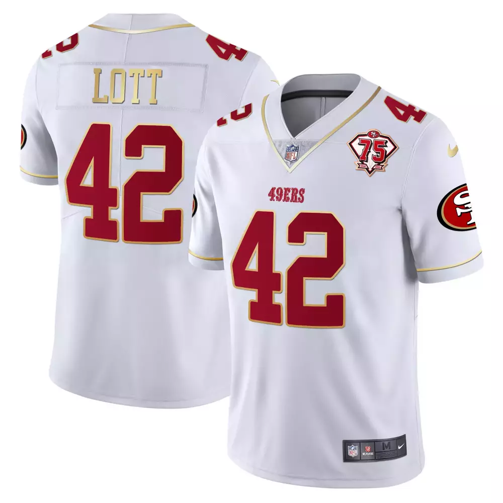 Ronnie Lott 42 49ERS Jersey White 75th Anniversary Men Red Gold All Stitched
