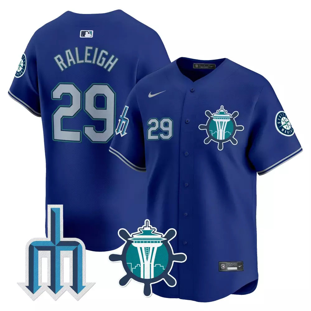 Cal Raleigh 29 Seattle Mariners Jersey Royal Blue Trident Wheel Men Silver Teal Vapor