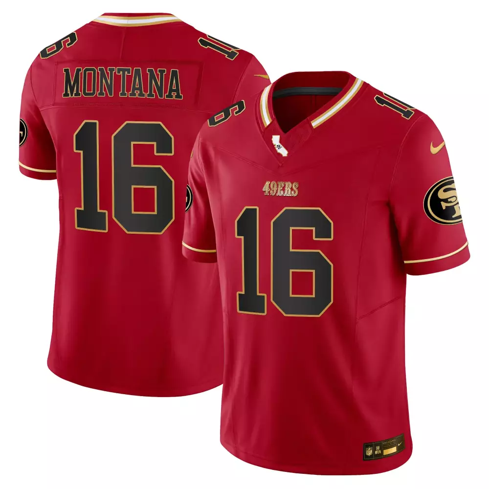 Joe Montana 16 49ERS Jersey Red Men Black Gold Limited Vapor All Stitched