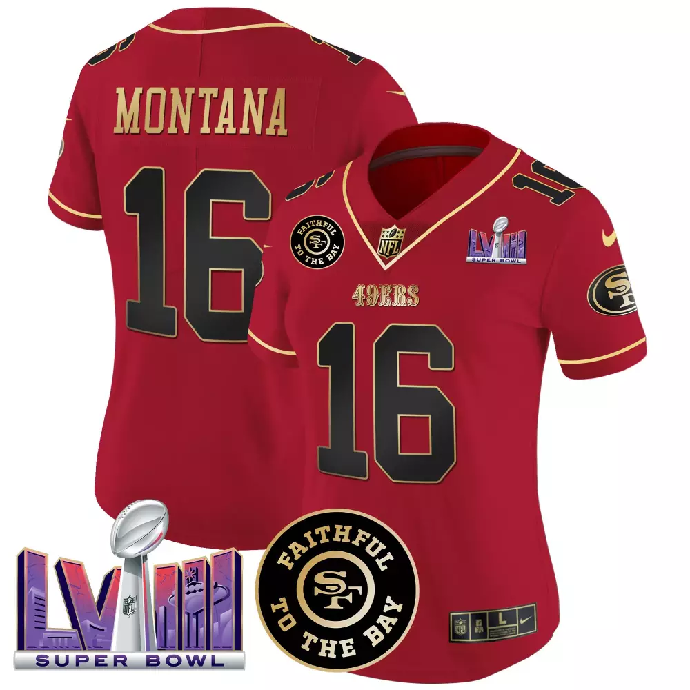Joe Montana 16 49ERS Jersey Red Super Bowl Lviii Men Replica Gold Black Limited Vapor